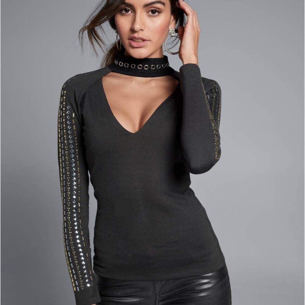 NWT VENUS Mock Neck Embellished Top, High Neck Cutout Top, Sexy Black Top